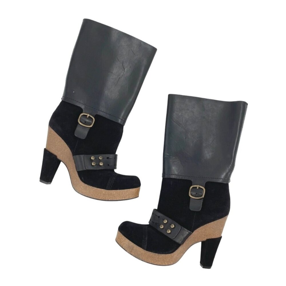 Pedro Garcia Black Leather Suede Mid-Calf Heeled Boots Womens 38.5 Boho Chic